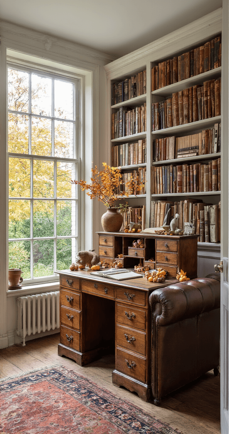 Herfst Knutselen met Peuters: Creatief en Leerzaam Plezier Knusse Nederlandse studeerkamer met antiek houten bureau, herfstcreaties op bureau, hoge boekenkasten, leren fauteuil, Perzisch tapijt, klassieke bureaulamp, donkere lambrisering en diepgroen behang, gefotografeerd vanuit de deuropening op een bewolkte herfstmiddag.