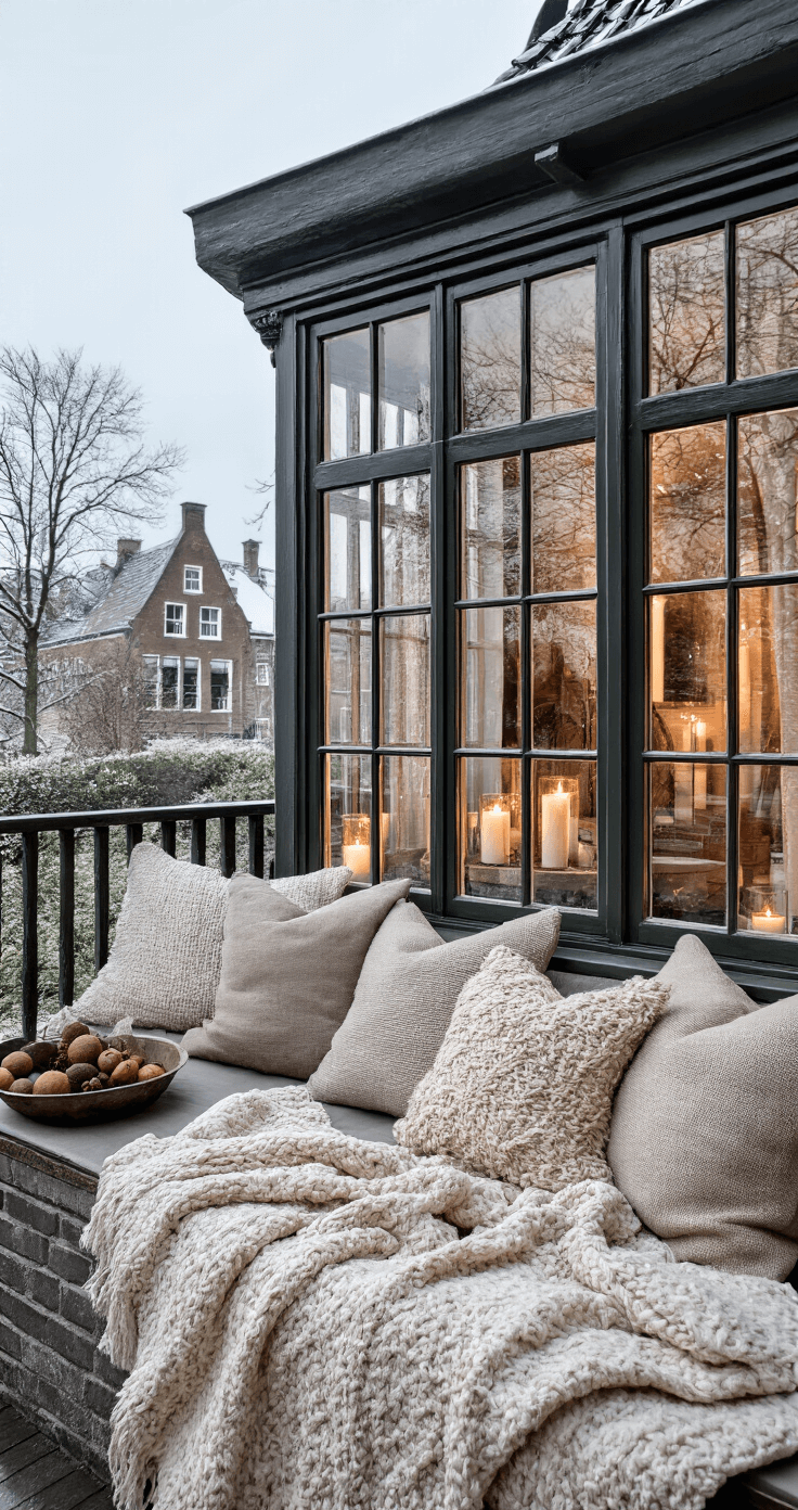 Landelijke Kerstversiering: Creëer een Warme en Rustieke Sfeer Intiem close-up van een knusse erker met grijze natuurstenen vensterbank, versierd met stapels linnen kussens in ecru en zandtinten, een oude zinken schaal met handgerolde kaarsen en dennenappels, en gehaakte plaids in natureltinten, terwijl de eerste sneeuw in de vallende avond valt.