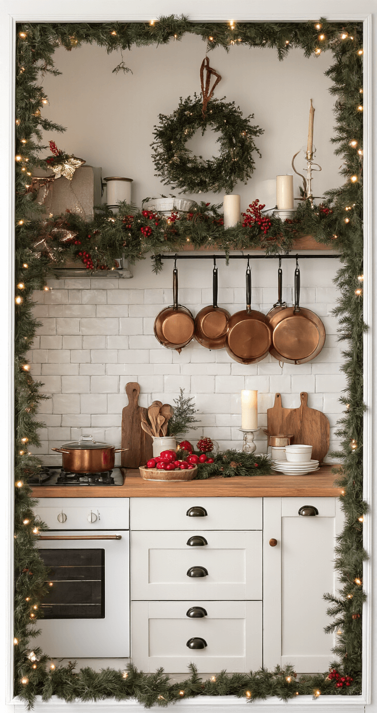 Magische Kerst Decor Styling: Jouw Ultieme Gids voor Perfecte Feestdagen Fotografie Gezellige keuken in kerststijl met industriële lampen, houten werkbladen versierd met dennentakken en kaarsen, koperen pannen aan zwarte rekken, open planken met feestelijk servies, en een donkere winteravond zichtbaar buiten.