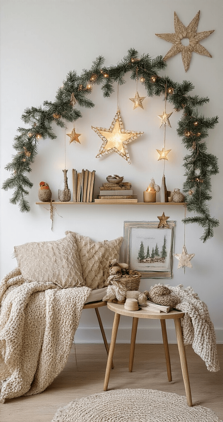 Magische Kerst Decor Styling: Jouw Ultieme Gids voor Perfecte Feestdagen Fotografie Budget-vriendelijke kerstdecoratie in een studentenkamer met dennentakken in jam-potten, papieren sterren aan draden, kaarsen op houten schijfjes en oude boeken als verhoging, zachte deken op een stoel, natuurlijk licht en snoerlichtjes voor een warme sfeer.