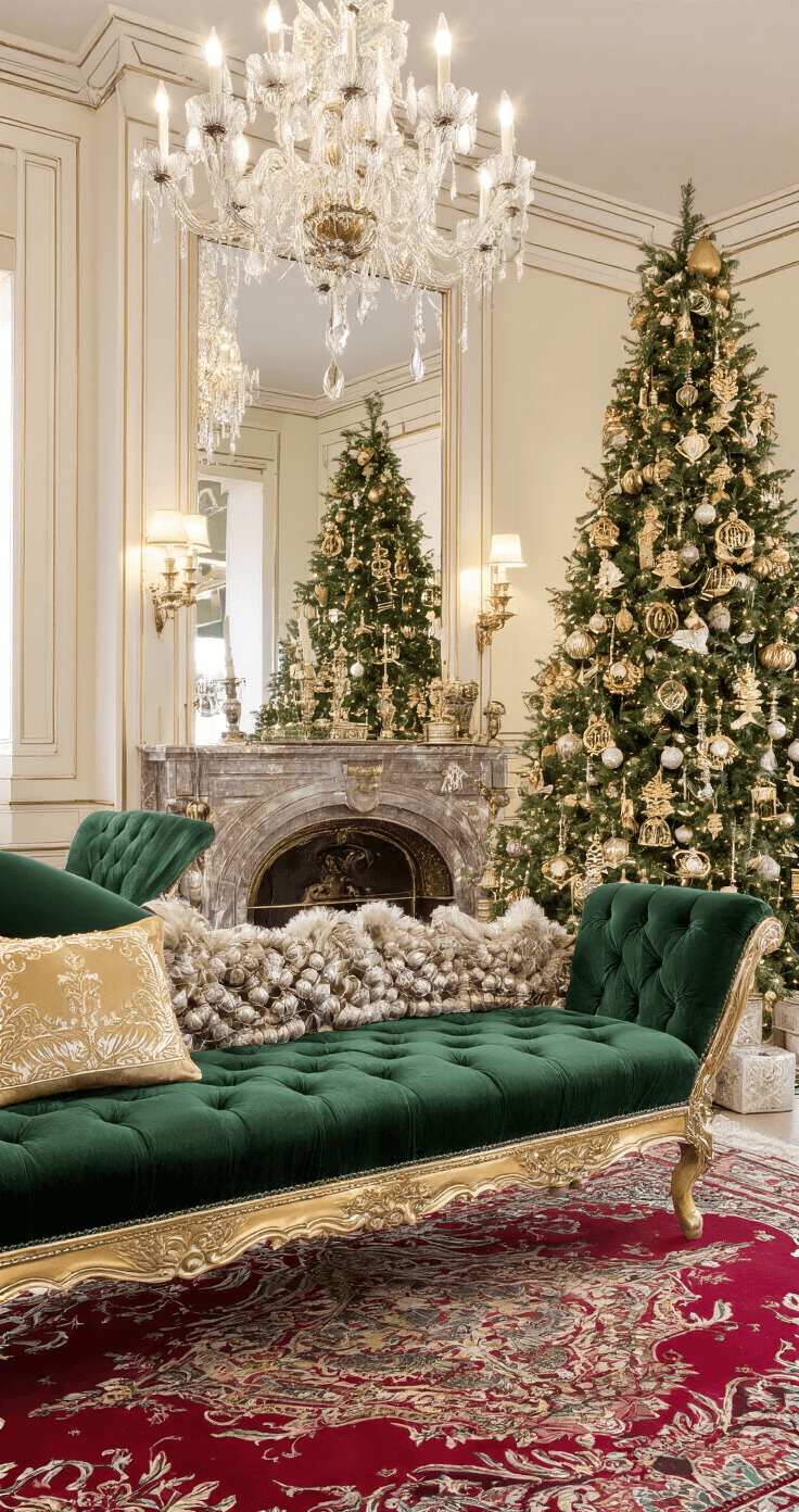 Magische Kerst Decor Styling: Jouw Ultieme Gids voor Perfecte Feestdagen Fotografie Luxueuze salon met hoogwaardig kerstdecor, monumentale kerstboom met handgemaakte ornamenten, fluwelen smaragdgroene bank, gouden geknoopte kussens, marmeren schouw met kaarsen, reflecterende zilver-vergulde kandelaars, rijk Perzisch tapijt, antieke bijzettafels met kristallen decoraties, kroonluchter, en late namiddagzon door hoge ramen.