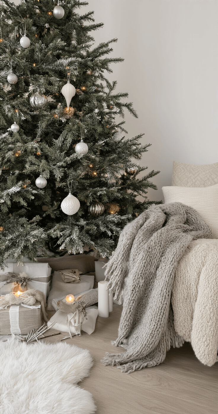 Magische Kerst Decor Styling: Jouw Ultieme Gids voor Perfecte Feestdagen Fotografie Interieur met neutrale wintersfeer; abstract takkenarrangement in hoge vaas, witte kaarsen, zilveren accessoires, en warme wollen textiel. Sereen ochtendlicht creëert een rustige en kalme atmosfeer.