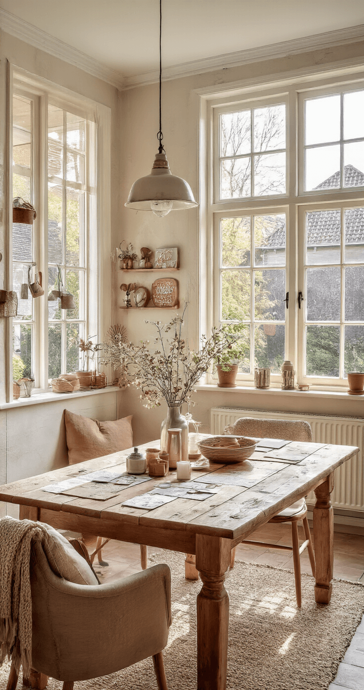 DIY Cadeaulabels: Creëer Unieke en Persoonlijke Tags voor Elke Gelegenheid Een gezellige Nederlandse woonkamer met een grote houten eettafel vol DIY cadeaulabel materialen, warm middaglicht dat door de ramen stroomt, en zachte beige en crème tinten in de inrichting.