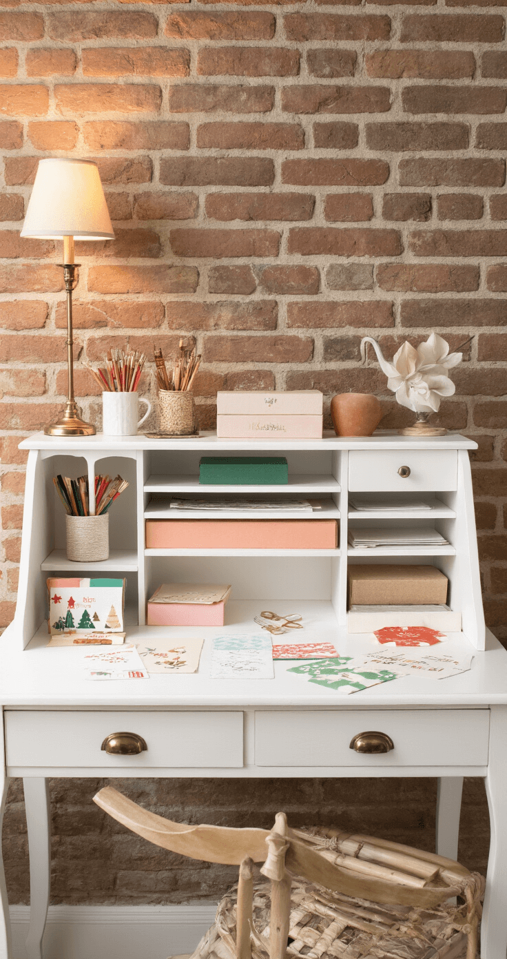 DIY Cadeaulabels: Creëer Unieke en Persoonlijke Tags voor Elke Gelegenheid Een lichte studeerkamer met een wit bureau tegen een bakstenen muur, ingericht met cadeaulabel benodigdheden in pasteltinten, een vintage schaar, stiften in een keramische pot en kerstlabels in rood-groen, verlicht door warm gouden zonlicht dat dramatische schaduwen creëert.