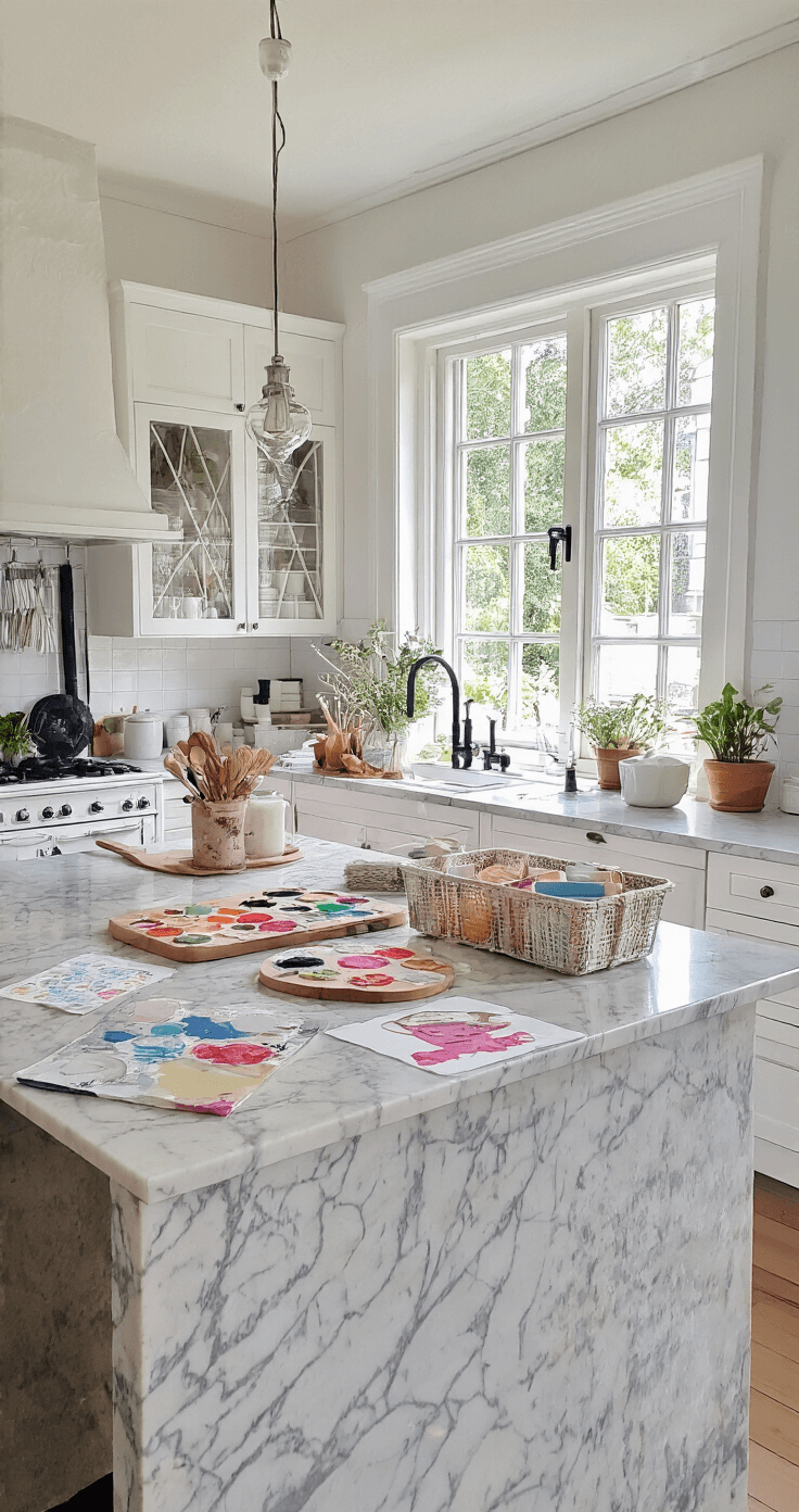 DIY Cadeaulabels: Creëer Unieke en Persoonlijke Tags voor Elke Gelegenheid Een modern Nederlands keukeneiland als creatief werkstation, met een marmeren werkblad vol DIY materialen, zoals waterverfpaletten, illustraties en stempels, omringd door witte keukenkastjes en zwarte kranen, gefotografeerd vanuit een vogelperspectief in heldere ochtendlicht.