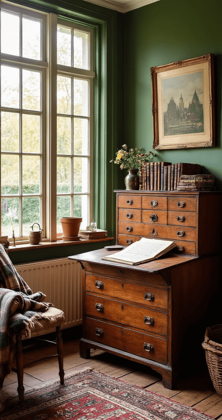 DIY Cadeaulabels: Creëer Unieke en Persoonlijke Tags voor Elke Gelegenheid Warm Nederlandse woonkamer met antieke secretaire bureau tegen groene wand, gevuld met knutselmaterialen en vintage boeken, verlicht door een warme staande lamp.