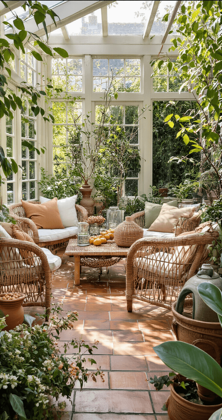 Herfst Knutselen met Peuters: Creatief en Leerzaam Plezier Lichte Nederlandse serre met rieten meubels en natuurlijke decoraties, gezien vanuit de tuin op een zonnige namiddag.
