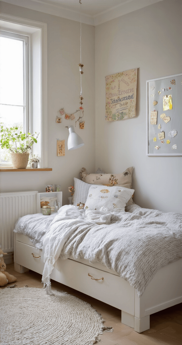 DIY Cadeaulabels: Creëer Unieke en Persoonlijke Tags voor Elke Gelegenheid Een stijlvolle slaapkamer met een wit houten bed en een nachtkastje dat als knutselstation dient, gevuld met glinsterende stickers en metallic markers. Zachte grijze en witte beddengoed contrasteert met houten accenten, terwijl een kleine bureaulamp licht werpt op vrolijke tags. De warme belichting creëert een intieme en ontspannen sfeer.