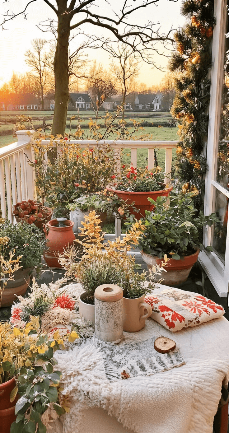 DIY Cadeaulabels: Creëer Unieke en Persoonlijke Tags voor Elke Gelegenheid Gezellige Nederlandse balkon-werkruimte tijdens zonsondergang, met een ronde tafel vol seizoensgebonden materialen, kerst- en zomerthema ontwerpen, omringd door terracotta potten met kruiden en zachte kussens, warm verlicht voor een inspirerende sfeer.