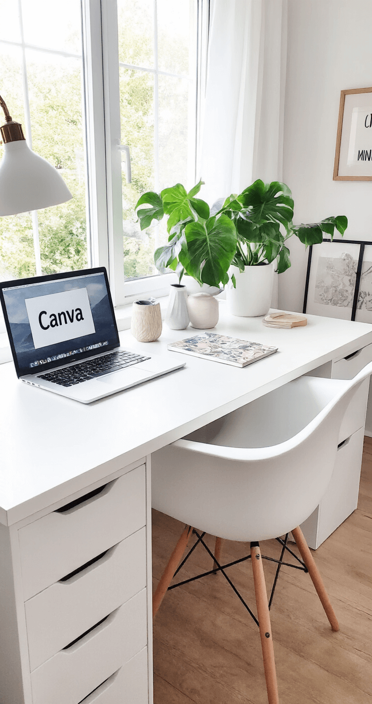 DIY Cadeaulabels: Creëer Unieke en Persoonlijke Tags voor Elke Gelegenheid Moderne Nederlandse thuiswerkplek met Scandinavische invloeden, wit bureau met laptop op Canva, georganiseerde materialen zoals watervaste inkt en decoratieve stempels, witte meubels, natuurlijke houtaccenten en een grote groene plant, verlicht door natuurlijk daglicht.