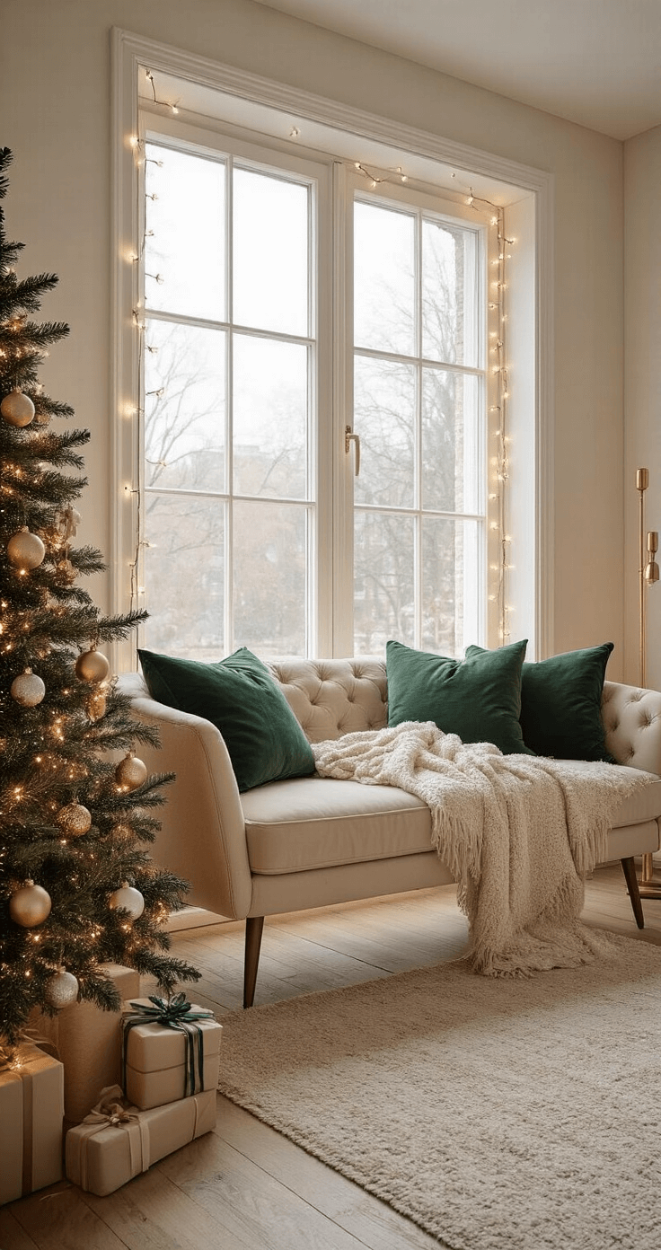 Kerstsfeer in Kleine Ruimtes: Hoe Creëer Je Een Magische Ambiance op Beperkte Vierkante Meters Een compacte woonkamer van 15 vierkante meter tijdens het gouden uur, met zacht ochtendlicht dat door een groot raam valt. Verticale kerstverlichting en guirlandes van dennentakken omlijsten het interieur. Een champagne-kleurige fluwelen bank met kerst-kussens is het middelpunt, naast een miniatuur dennenboom op een bijzettafel. De sfeer is intiem en warm, met rijke texturen en decoratieve elementen.