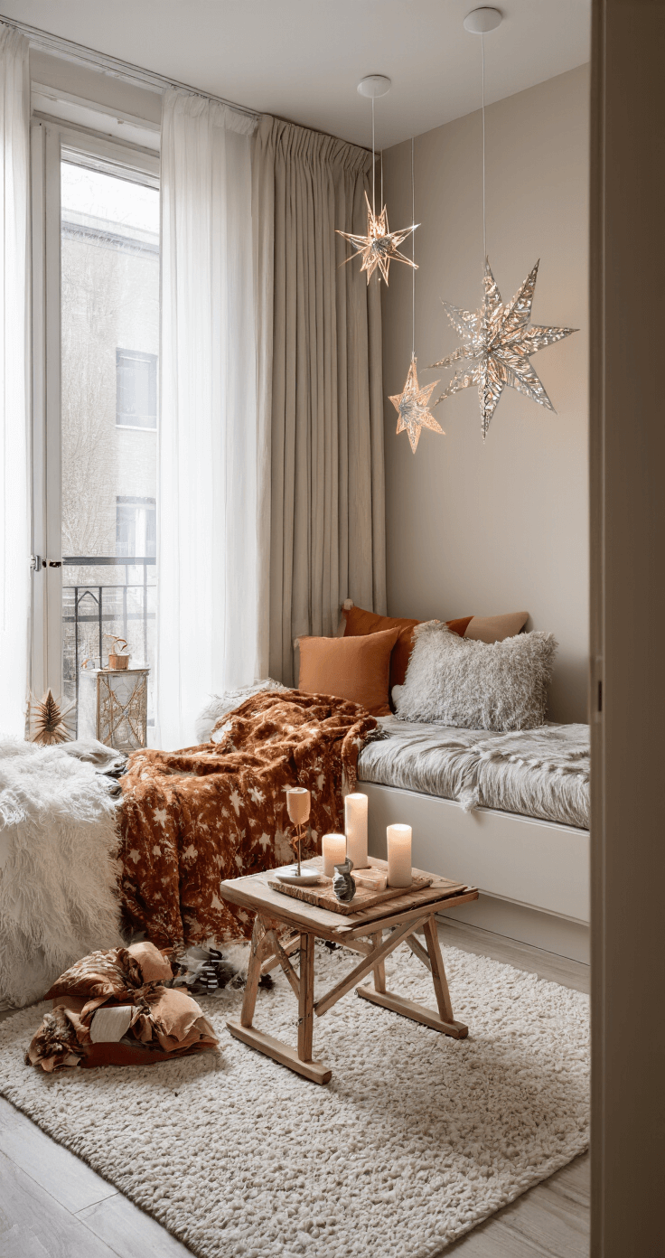 Kerstsfeer in Kleine Ruimtes: Hoe Creëer Je Een Magische Ambiance op Beperkte Vierkante Meters Een cozy studio-apartment van 20 vierkante meter in de late namiddag met sfeervol, diffuus licht, multifunctionele decoratie en kerstsfeer, inclusief een klapstoeltje, LED-kaarsen, een luxe plaid, papieren kerststerren en dennentakken in een vaas.