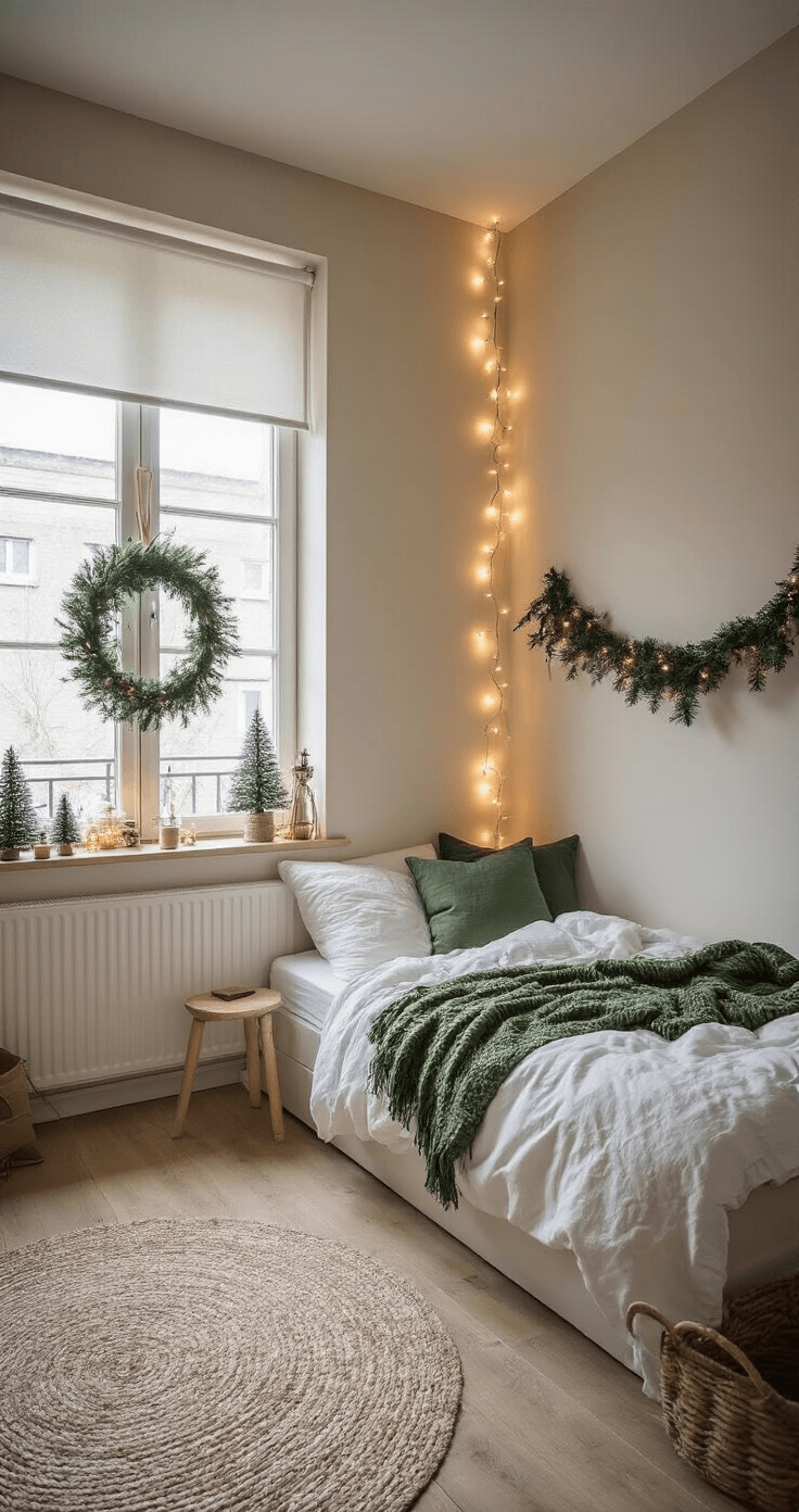 Kerstsfeer in Kleine Ruimtes: Hoe Creëer Je Een Magische Ambiance op Beperkte Vierkante Meters Kleine slaapkamer van 12 m² in het blauwe uur, verlicht door Edison-bulb kerstverlichting. Neutraal kleurenschema met wit, beige en groene accenten, inclusief een wit dekbed met kerst-kussens, kleine kerstbomen op de vensterbank, en een DIY-kerstkrans. Gouden accenten en een crème-vloerkleed voegen textuur toe. Gefotografeerd vanuit de deuropening met een warme, serene ambiance.