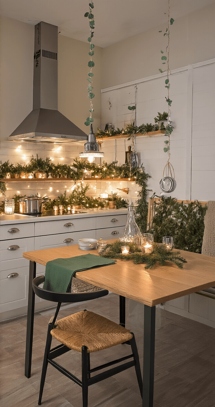 Kerstsfeer in Kleine Ruimtes: Hoe Creëer Je Een Magische Ambiance op Beperkte Vierkante Meters Smalle keuken-eethoek van 8 vierkante meter met elegante kerstdecoratie, eucalyptusguirlandes, LED-lichtjes in glazen potjes, compacte licht eikenhouten tafel met groene placemats en dennentakken, zilverkleurige kaarsenhouders, witte tegels en warme verlichting, in Scandinavische stijl.