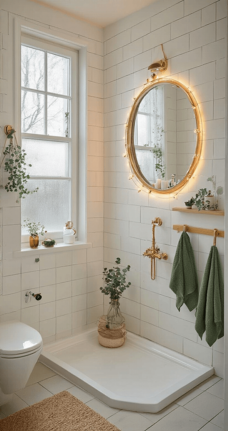 Kerstsfeer in Kleine Ruimtes: Hoe Creëer Je Een Magische Ambiance op Beperkte Vierkante Meters Kleine badkamer van 6 vierkante meter met subtiele kerstdecoratie, witte metrotegels, ronde spiegel met messing frame en eucalyptus takken in glazen potjes. Warm licht van LED-strips en gouden haken met forest-groene handdoeken creëren een serene ambiance.