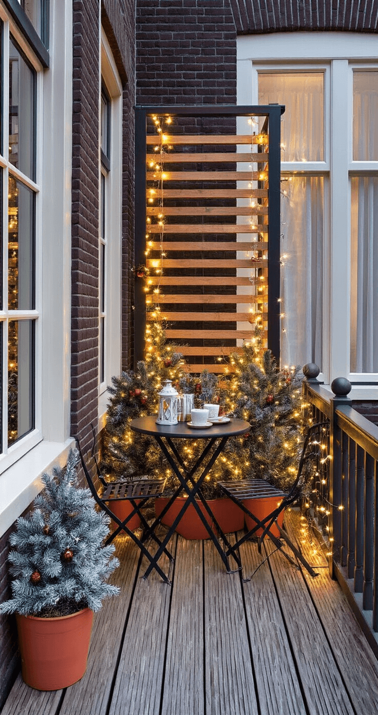 Kerstsfeer in Kleine Ruimtes: Hoe Creëer Je Een Magische Ambiance op Beperkte Vierkante Meters Compact balkon van 4 vierkante meter tijdens de schemering, versierd met kerstverlichting, een zwarte bistro-set en winterharde kerstdecoraties in terracotta potten, met een zachte plaid en uitzicht op verlichte huizen op de achtergrond.