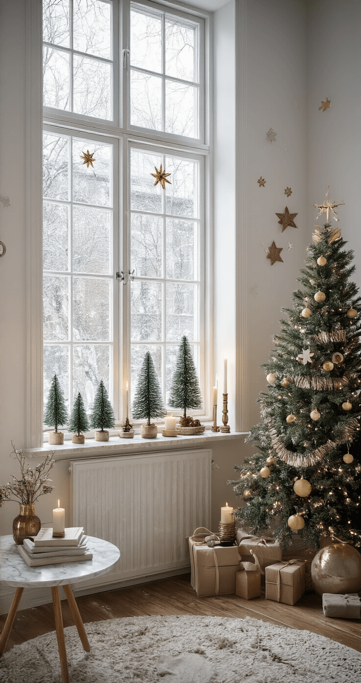 Kerstsfeer in Kleine Ruimtes: Hoe Creëer Je Een Magische Ambiance op Beperkte Vierkante Meters Een stijlvol woongedeelte van 18 m² met fotogenieke kerstdecoraties in natuurlijk licht, waaronder kaarsen, kerstboompjes en gouden kerstballen, perfect voor social media.