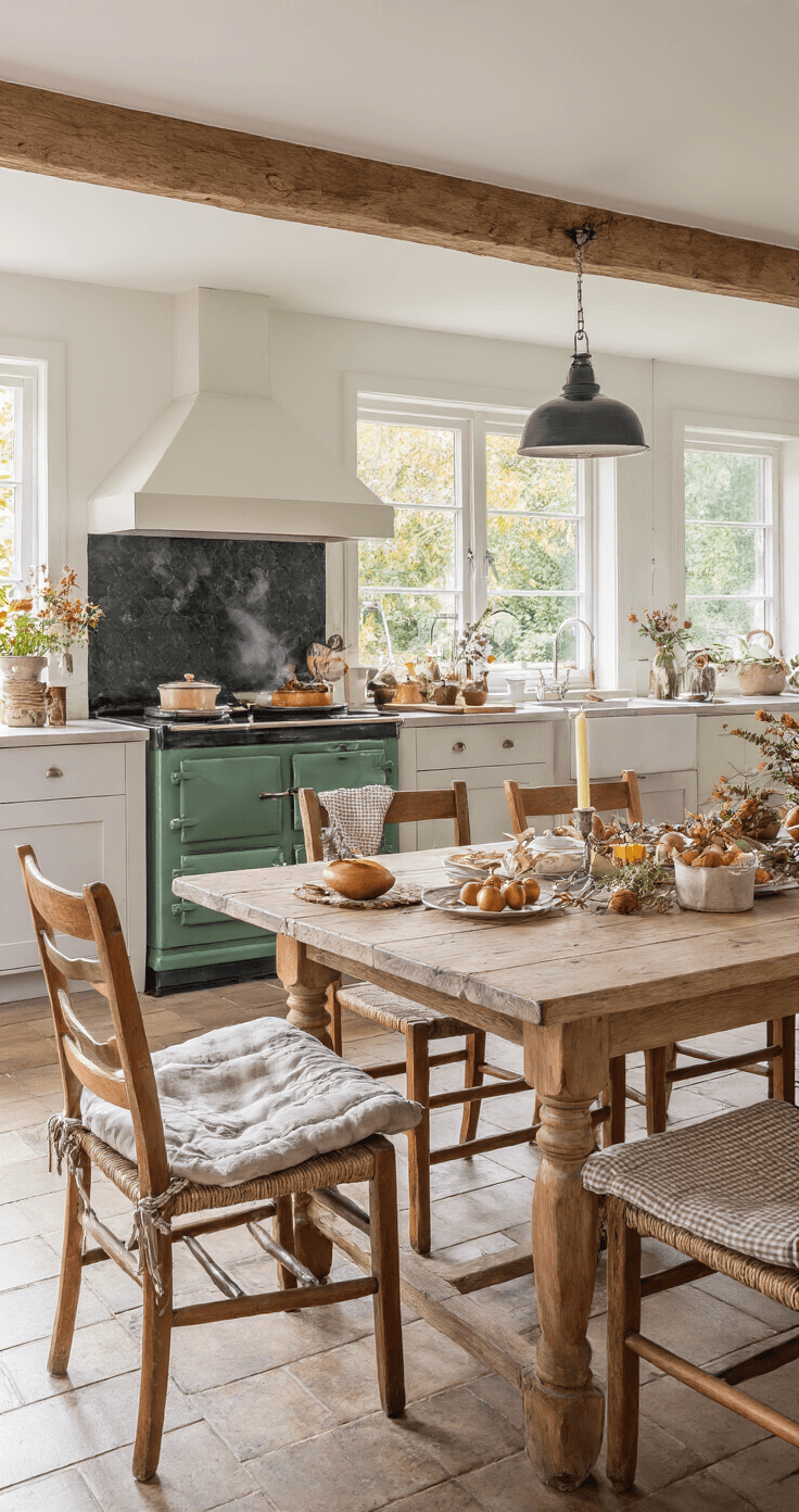 Herfst Knutselen met Peuters: Creatief en Leerzaam Plezier Gezellige Nederlandse woonkeuken met grote houten eettafel, omringd door landelijke stoelen met gingham kussens. De tafel is versierd met herfstkunstwerken, kaarsen en een dampende theepot. Het Aga-fornuis in klassiek groen en koperen pannen accentueren de ruimte. Warme verlichting creëert een intieme sfeer tijdens de blauwe uurtjes.