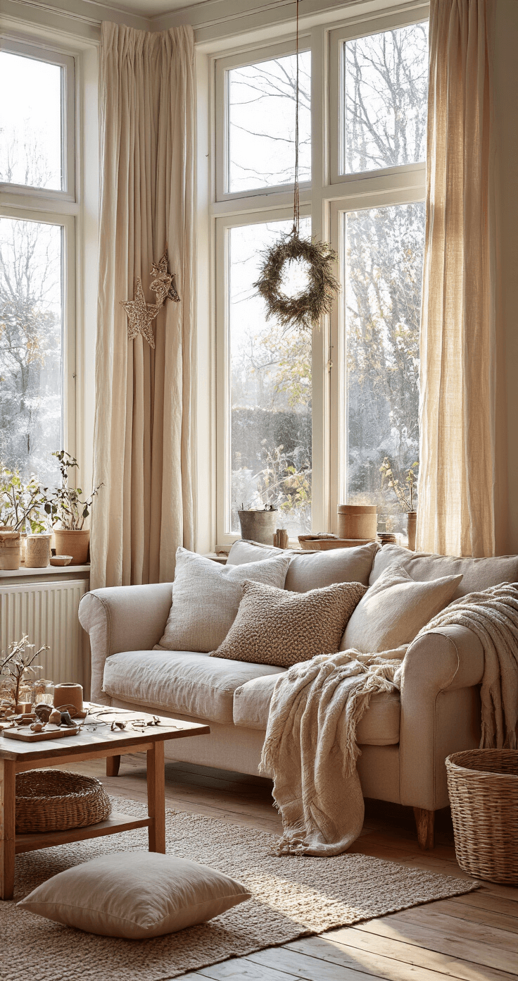 Gezellige Nederlandse woonkamer met grote ramen en uitzicht op een besneeuwd tuintje, handgemaakte kerststerren, een houten salontafel vol knutselmaterialen, een comfortabele beige bank met warme plaids, glazen potten met dennentakken op de vensterbank, en vintage kleden op houten vloeren, alles in aardse tinten met zachte natuurlijke belichting.