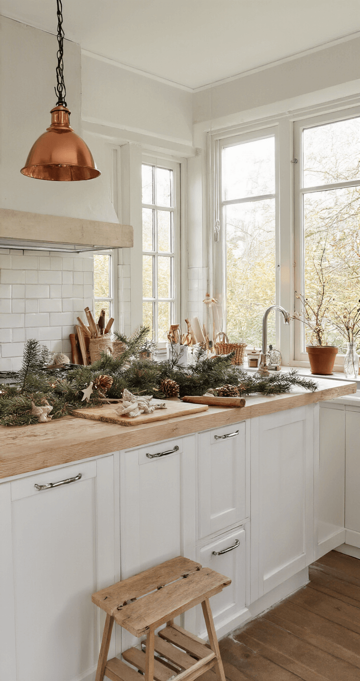 Ruime Nederlandse keuken met een groot eiland, bedekt met kerstster-materialen en gereedschappen, verlicht door ochtendlicht. Witte shaker-stijl kasten en donkere granieten werkbladen, met koperen hanglampen. Houten krukken en een vintage ladder met voltooide sterren.