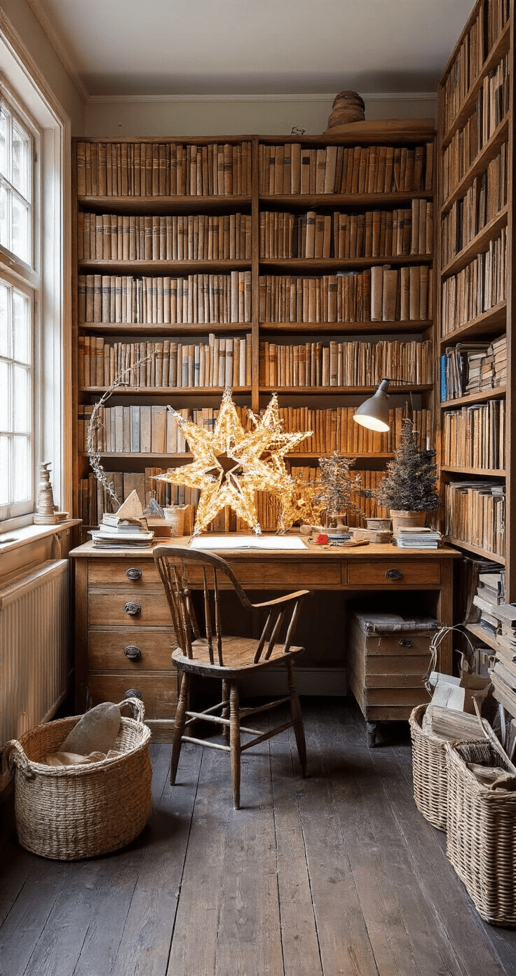 Een sfeervolle studeerkamer met een antieke werkbank vol kerstster-constructie materialen, verlicht door warm avondlicht. Boekenkasten met doe-het-zelf gidsen omringen de ruimte, terwijl een vintage lederen stoel en donkere houten vloeren met Perzische tapijten warmte uitstralen. Op de werkbank liggen technische tekeningen en meetgereedschap.