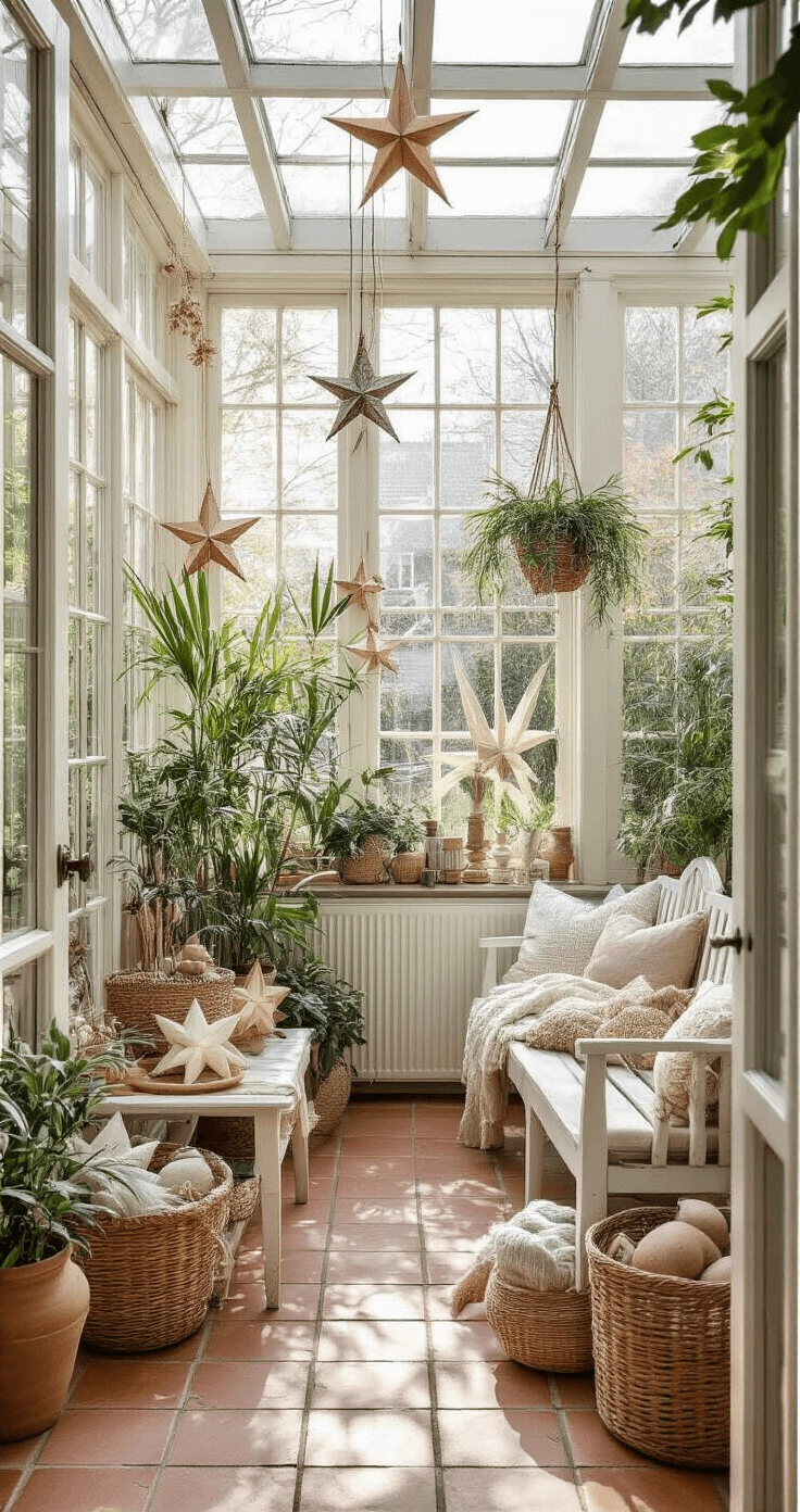 Lichte Nederlandse serre met glazen wanden, voltooide kerststerren en verschillende materialen, zacht verlicht door de ochtendzon, met witte houten banken, terracotta vloeren en een vintage ezel voor inspiratiefoto's.