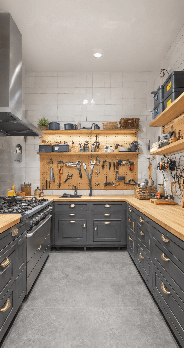 Een georganiseerde Nederlandse bijkeuken ingericht als knutselwerkplaats met waterdichte materialen, mooi verlichte werkruimtes, en functionele gereedschappen in houten kasten en op metalen werkbanken.