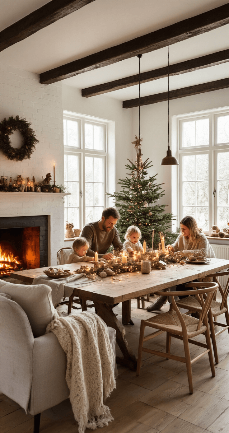 Gezellige Nederlandse woonkamer met een open haard, waar een familie samen kerststerren knutselt aan een grote houten eettafel, omringd door zachte banken en een versierde kerstboom, met sfeervol gouden licht en vintage decoraties.