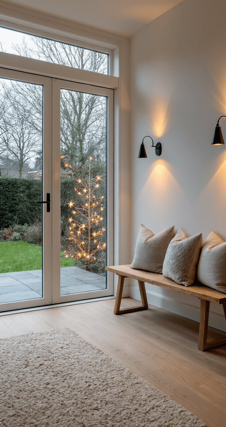Moderne Nederlandse hal met glazen deuren naar een tuin, verlicht met kerststerren. Lichte eiken vloeren, console tafel met inspiratiematerialen, minimalistische wandverlichting en zwarte kapstokhaken. Houten bench met kussens in schemerlicht, creëert een magische sfeer met witte en houten accenten.