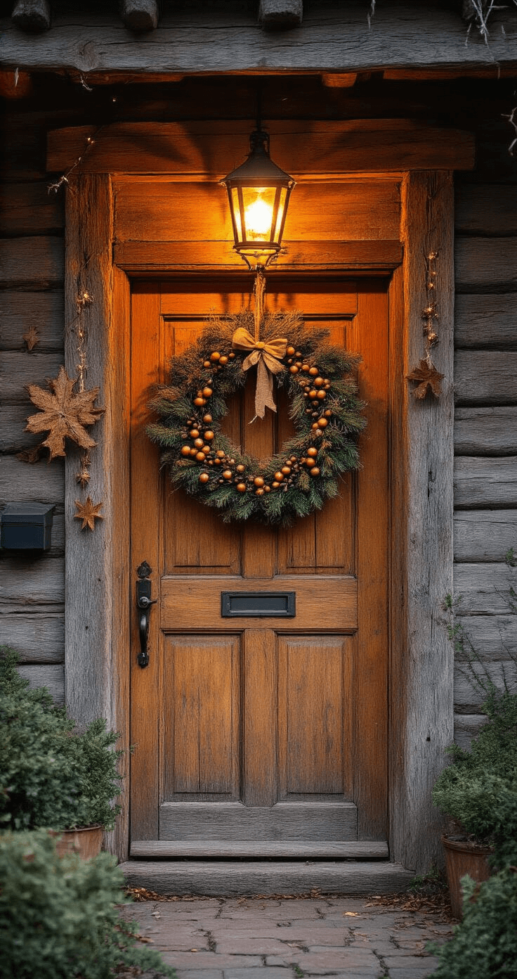 Landelijke Kerstversiering Buiten: Creëer een Knusse Wintersfeer Rustieke voordeur van een landelijk huis met een handgemaakte kerstkrans, houten sterren en zinken klokken, verlicht door de zonsondergang. Subtiele LED-lichtsnoeren zorgen voor een warme gloed tussen het groen.