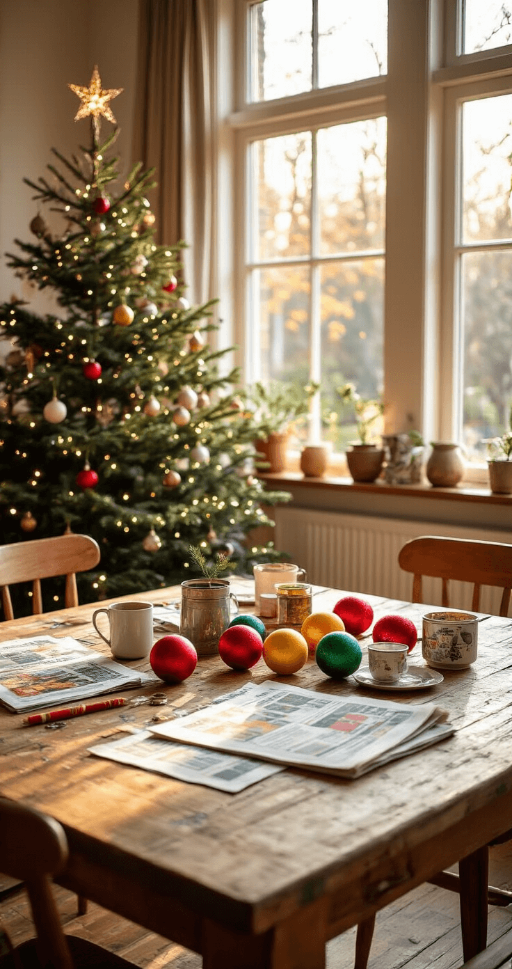 Een gezellige Nederlandse woonkamer met een rustieke houten eettafel vol kerstversieringen en verf, verlicht door warme ochtendzon en kerstverlichting, met een half versierde kerstboom op de achtergrond.