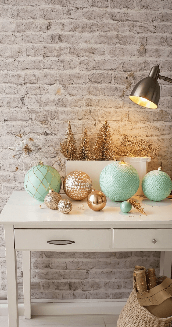 Een stijlvolle Scandinavische werkhoek met een wit gelakte werkbank tegen een bakstenen muur, verlicht door een moderne bureaulamp. Versiertechnieken zoals beschilderde kerstballen in mintgroen en koperkleur, glitterende ballen en vintage-look ballen in aardse tinten liggen zorgvuldig gerangschikt. Glazen potjes met diverse glittertinten en eucalyptustakjes voegen natuurlijke elementen toe aan de creatie.