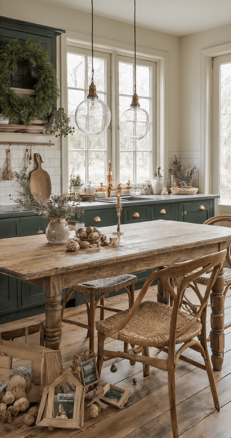 Een rustieke keukenhoek bij kaarslicht met een houten keukentafel, gevuld met transparante kerstballen met vintage foto's en souvenirs. Decoraties zoals dennenappels, gedroogde lavendel en houten ornamenten omlijsten de scène, terwijl donkergroene kasten en een keramische spoelbak de ruimte accentueren. Warme kaarsen en onderkastverlichting creëren een nostalgische en intieme sfeer.