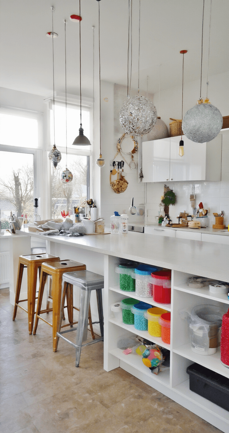 Moderne open keuken-woonkamer met kookeiland vol DIY-materialen, grote ramen, clean lines en industriële verlichting, vastgelegd in helder daglicht.