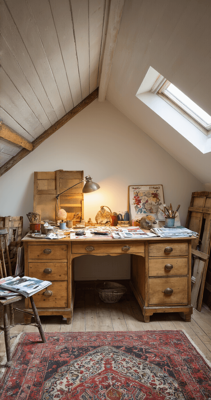 Een knusse zolderkamer ingericht als creatieve studio, met een antieke secretaire vol tijdschriften, onafgemaakte en voltooide kunstwerken, oude houten kratten en een dakraam dat avondlicht binnenlaat, aangevuld met een bureaulamp. Warme bordeauxrode textiele elementen zorgen voor gezelligheid in een artistieke sfeer.