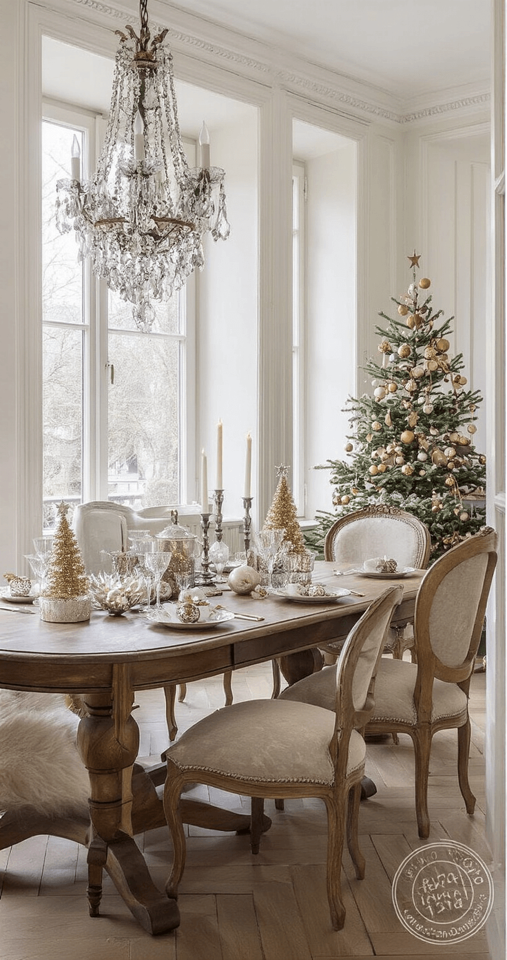 Elegante eetkamer met mahoniehouten tafel, kerstdecoraties, vintage porselein en een open haard, verlicht door koel winterlicht en warme haardgloed.
