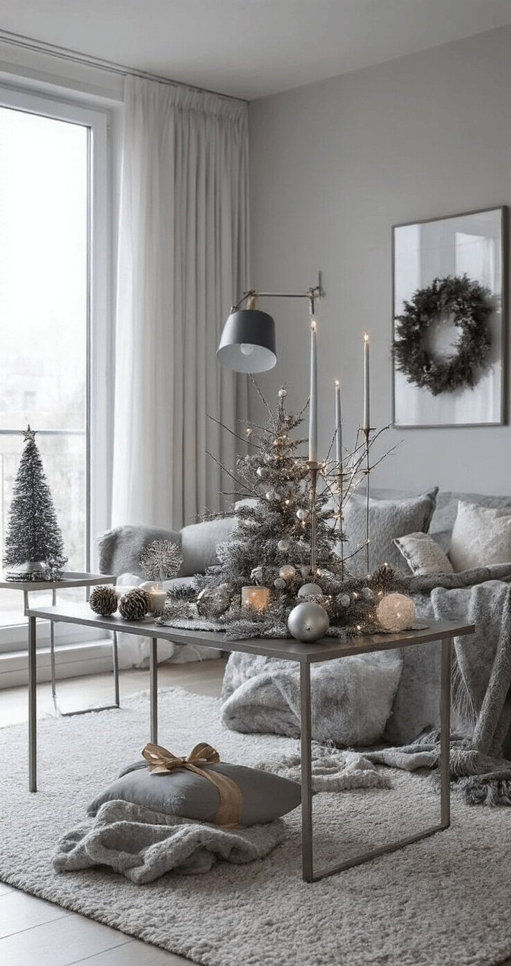 Moderne woonkamer tijdens het blauwe uur met een strak design salontafel, versierd met glimmende kerstballen op fluwelen doeken. Indirecte LED-verlichting onder de tafel en vloerlange ramen tonen de avondlucht. Een designer kerstboom in de hoek draagt zelfgemaakte ornamenten, terwijl ingebouwde spotjes de kunstwerken aan de wand uitlichten. Luxe, minimalistische sfeer.