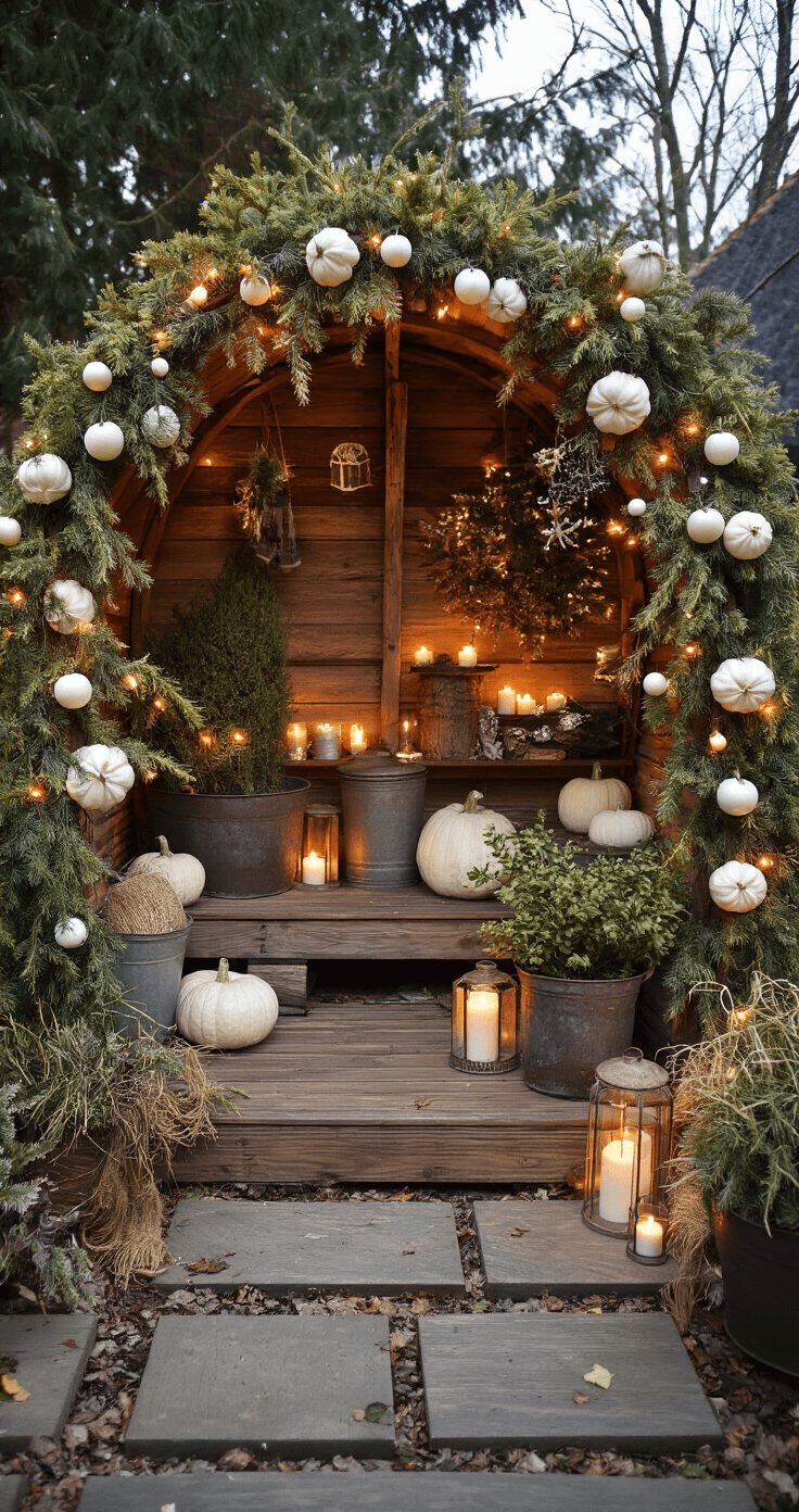 Landelijke Kerstversiering Buiten: Creëer een Knusse Wintersfeer Gezellige tuinhoek met houten slee vol dennentakken en witte pompoenen, roestige zinken emmers met wintergroen en kaarsen, rustieke houten planken op de achtergrond, avondschemering met warme verlichting, laag camerastandpunt, natuurlijke materialen zoals jute en mos, kleurenpalet van warme bruintinten, crème en roestkleuren.