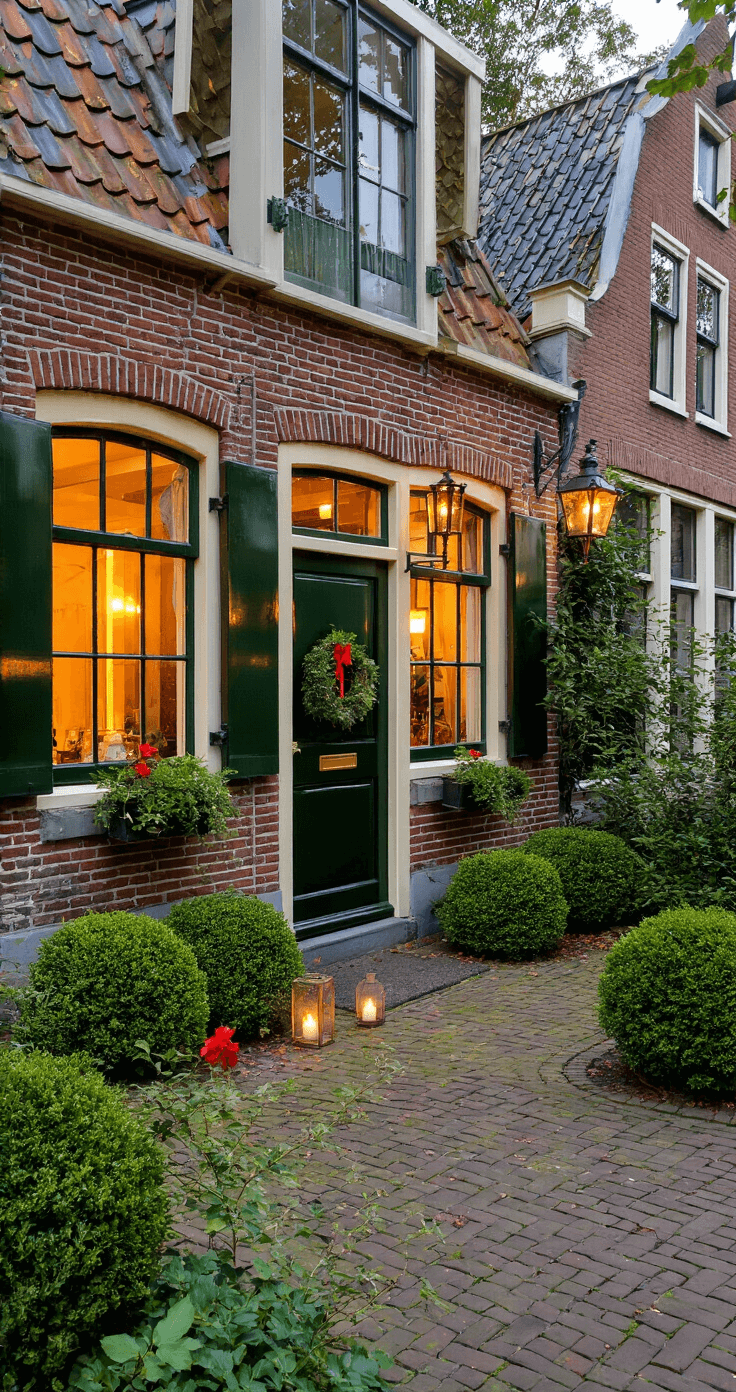 DIY Kerstverlichting Buiten: Je Tuin Transformeren in een Winterwonderland Gezellige voortuin van een traditioneel rode bakstenen huis met donkergroene luiken, verlicht door warme witte verlichting en antieke lantaarns. Een grindpad leidt naar een donkergroene voordeur versierd met een dennenkrans en rode strik. Kaarsen onder glazen stolpen op de vensterbank. Het geheel straalt een warme, nostalgische sfeer uit met een kleurenpalet van donkerrood, bosgroen en goud.