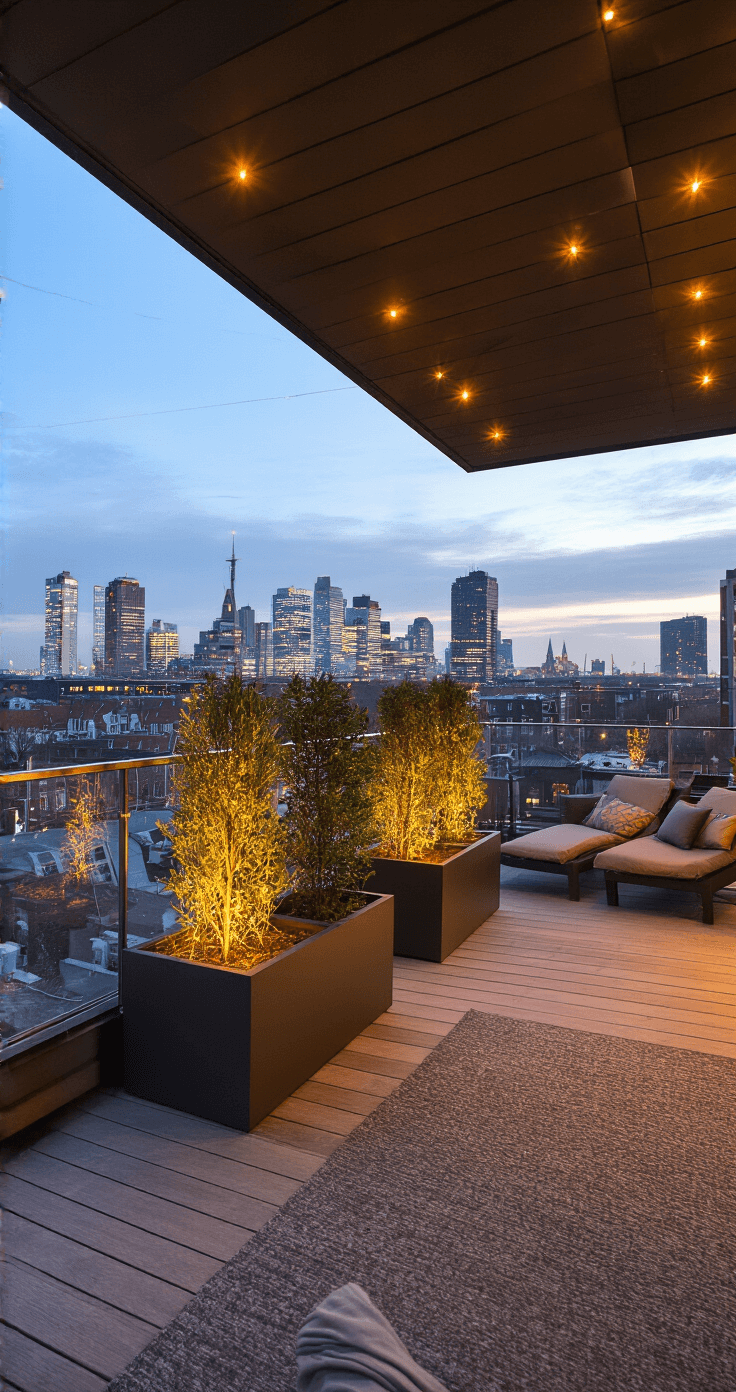 DIY Kerstverlichting Buiten: Je Tuin Transformeren in een Winterwonderland Moderne dakterras in Amsterdam tijdens de schemering met strakke aluminium planters, verlichte berkenboompjes, houten decking, en design loungestoelen, tegen een achtergrond van de fonkelende skyline.