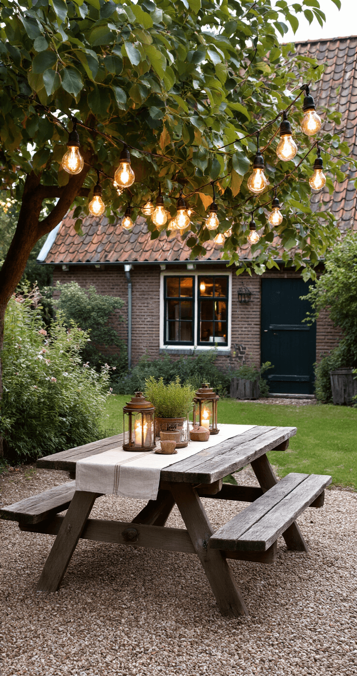 DIY Kerstverlichting Buiten: Je Tuin Transformeren in een Winterwonderland Rustieke boerderijtuin tijdens blauwe uur, gezien vanaf het tuinpad. Oude appelbomen met vintage lichtkettingen, verweerde picknicktafel met linnen en glazen lantaarns. Gravelpad naar rietgedekte boerderij met warme raamverlichting, natuurlijke materialen en aardse kleuren creëren een sprookjesachtige sfeer.