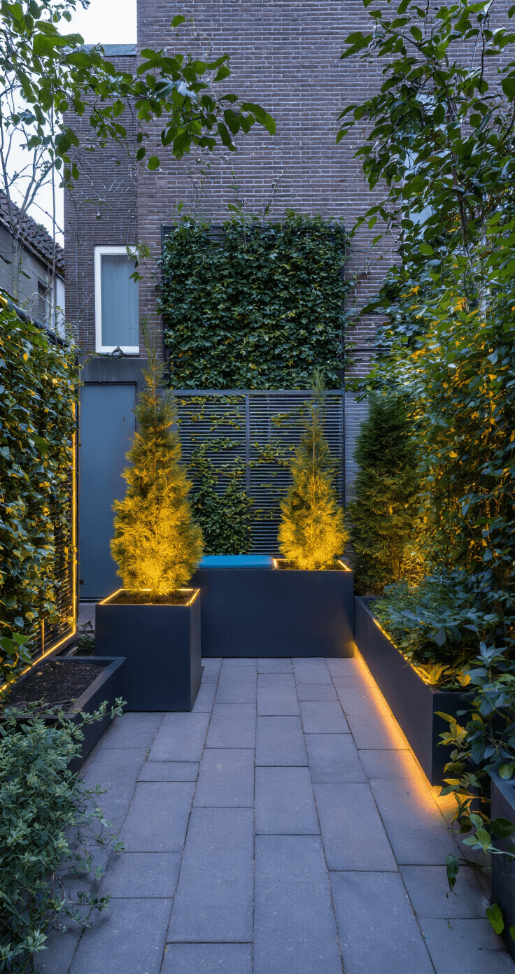 DIY Kerstverlichting Buiten: Je Tuin Transformeren in een Winterwonderland Compacte Nederlandse stadstuin in de vroege avond met een verticale tuinwand van klimop, LED-verlichting in zigzag, industriële metalen planters met dennenbomen, betonnen tegels en petroleumblauwe kussens.