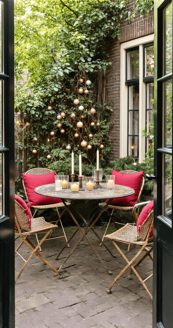 DIY Kerstverlichting Buiten: Je Tuin Transformeren in een Winterwonderland Charmante Nederlandse patio met antieke Franse bistrotafel, smeedijzeren stoelen en prachtige klimrozen, verlicht door fairy lights tijdens het gouden uur.