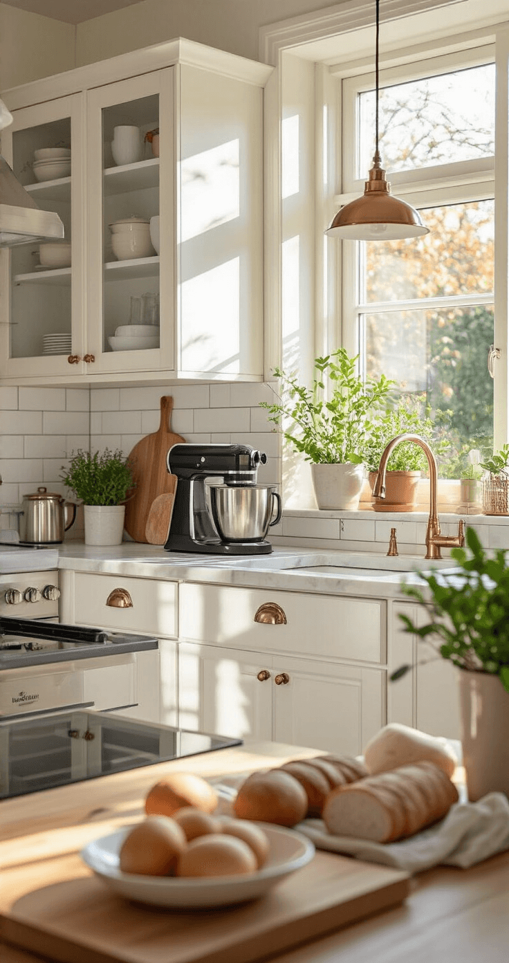 DIY Kersttaartjes: Jouw Ultieme Gids voor Feestelijke Lekkernijen Lichte Nederlandse keuken met witte kasten en marmerblad, gevuld met professionele bakvormen en een keukenmachine, verlicht door ochtendlicht. Modern ingericht met inductiekookplaat, rvs afzuigkap, houten accessoires en groene planten, in Scandinavische stijl met koperen details.