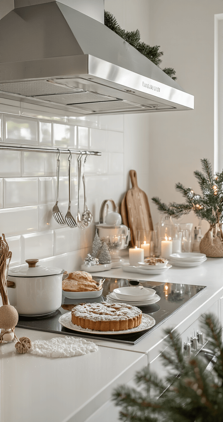 DIY Kersttaartjes: Jouw Ultieme Gids voor Feestelijke Lekkernijen Moderne Nederlandse keuken met hoogglans witte fronten en gouden gloed in laat namiddaglicht, versierde kersttaartjes op wit servies, spuitzakken met decoratieve mondstukken, inductiekookplaat, subtiele kerstdecoratie en poedersuiker als sneeuweffect.