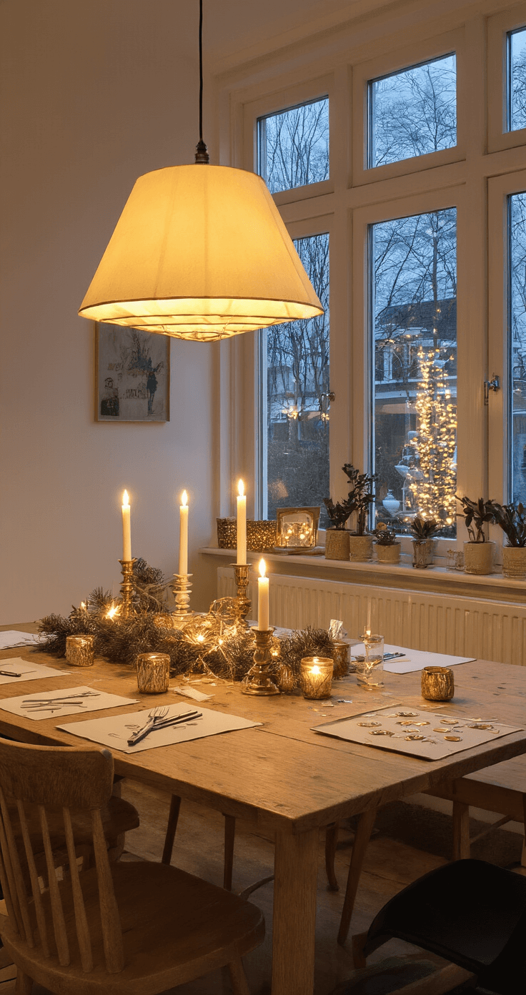 Kerstengel Knutselen: Creatieve DIY Handleiding voor Alle Leeftijden Warme Nederlandse woonkamer met kerstdecoratie, grote eettafel van gerecycled eikenhout vol knutselmaterialen, zachte hanglamp en kaarslicht, zelfgemaakte kerstengelen rondom de tafel, donkergroene muren en uitzicht op besneeuwde tuin.