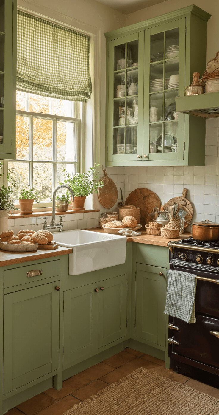 DIY Kersttaartjes: Jouw Ultieme Gids voor Feestelijke Lekkernijen Landelijke Nederlandse keuken met Shaker-stijl kasten in zacht groen, verlicht door de vroege avondzon. Stapels verse biscuits en ganache in glazen kommen op koelrekken, omringd door vintage bakspullen en houten keukengerei. Terracotta potten met verse kruiden en linnen schorten die aan haken hangen, allemaal in een warme en gezellige sfeer.