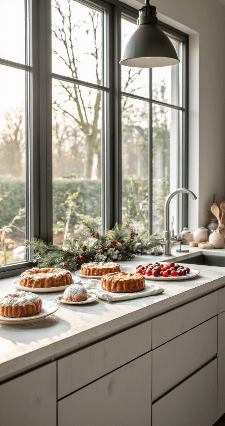 DIY Kersttaartjes: Jouw Ultieme Gids voor Feestelijke Lekkernijen Strakke Nederlandse design keuken met een betonlook werkblad, gevuld met perfect gerangschikte kersttaartjes versierd met kleurrijke bessen, poedersuiker en rozemarijn. Helder ochtendlicht valt door panoramaramen terwijl professionele studioverlichting en reflectieschermen aanwezig zijn. De camera is in macro positie en focust op de food styling details in een neutrale achtergrond.