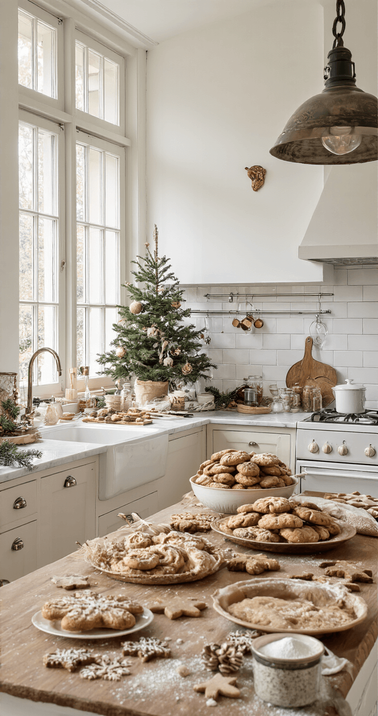 DIY Kerstkoekjes: Hoe Maak Je Ze Perfect voor de Feestdagen Gezellige Nederlandse keuken met daglicht, grote houten werkblad vol met sterren- en kerstboomvormige koekjes. Rustieke bakvormen en glazen mengkommen met poedersuiker en kleurrijk glazuur. Zachte keukenkastjes en marmeren aanrecht, versierd met kaneelstokjes en gouden sprinkles. Warm ochtendlicht creëert een uitnodigende sfeer.