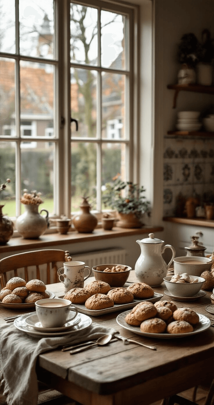 DIY Kerstkoekjes: Hoe Maak Je Ze Perfect voor de Feestdagen Gezellige Nederlandse eetkamer met grote eettafel vol kerstkoekjesgereedschappen, zoals anti-aanbaklaag bakplaten en koekjesstekers in kerstvormen, met een professionele handmixer en stapels bakpapier, onder warm middaglicht met vintage tegels op de achtergrond.